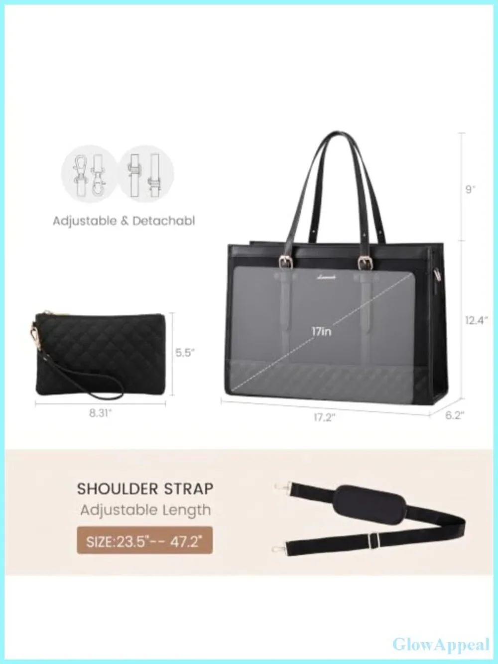 Canvas Laptop Tote Bag with Clutch Purse - Work Business Teacher Bag